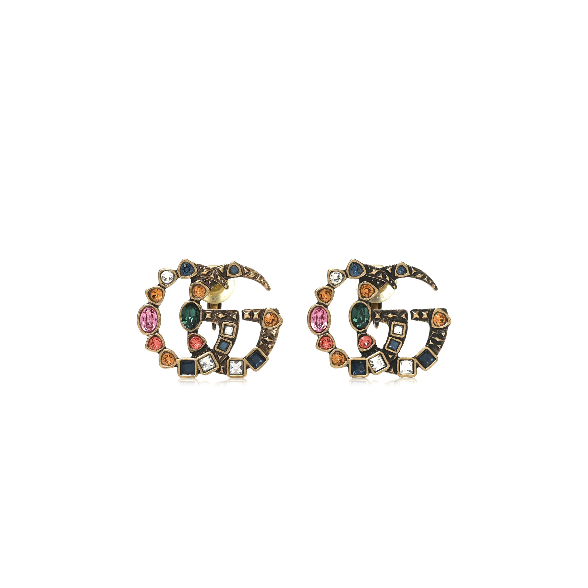 GUCCI CRYSTAL DOUBLE G CLIP ON EARRINGS AGED GOLD MULTICOLOR 